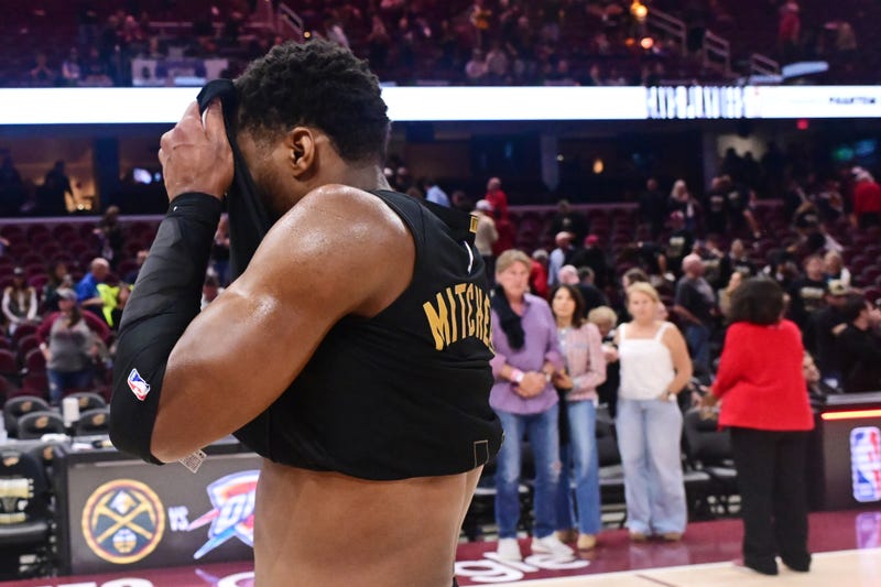 Cleveland Cavaliers guard Donovan Mitchell (45) walks off the court after game five of the second round for the 2025 NBA Playoffs at Rocket Arena.