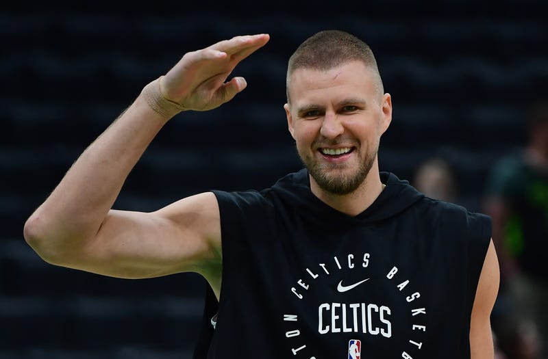 Kristaps Porzingis (8) reacts prior to game five of the second round for the 2025 NBA Playoffs against the New York Knicks at TD Garden.