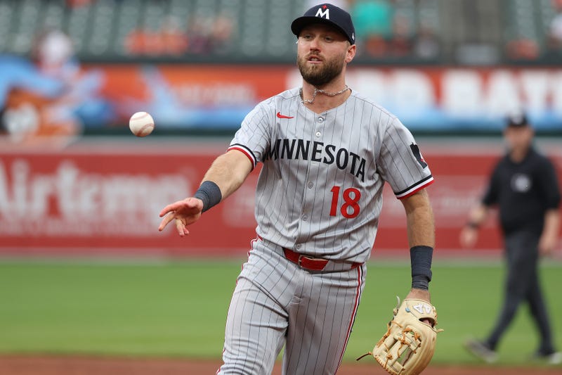 Twins second baseman Kody Clemens (18) throws to first for an out during the seventh inning against the Baltimore Orioles at Oriole Park at Camden Yards.