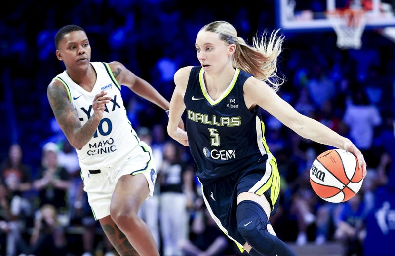 Dallas Wings guard and Minnesota's own Paige Bueckers (5) dribbles as Minnesota Lynx guard Courtney Williams (10) defends during the second half at College Park Center.