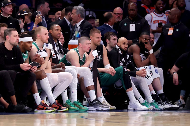 Boston Celtics players watch from the bench during the end of the fourth quarter of game six in the second round of the 2025 NBA Playoffs against the New York Knicks at Madison Square Garden.