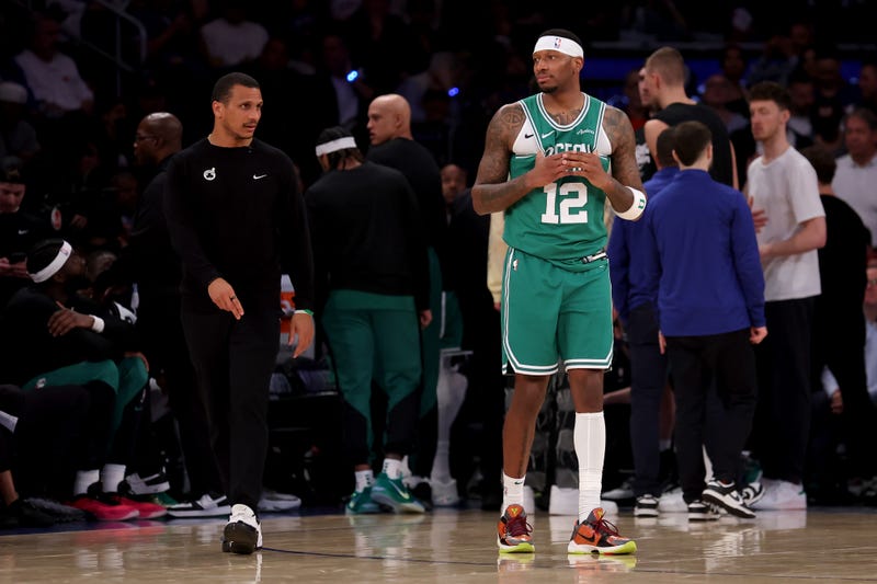 New York, New York, USA; Boston Celtics forward Torrey Craig (12) and head coach Joe Mazzulla react during the fourth quarter of game six in the second round of the 2025 NBA Playoffs against the New York Knicks at Madison Square Garden.
