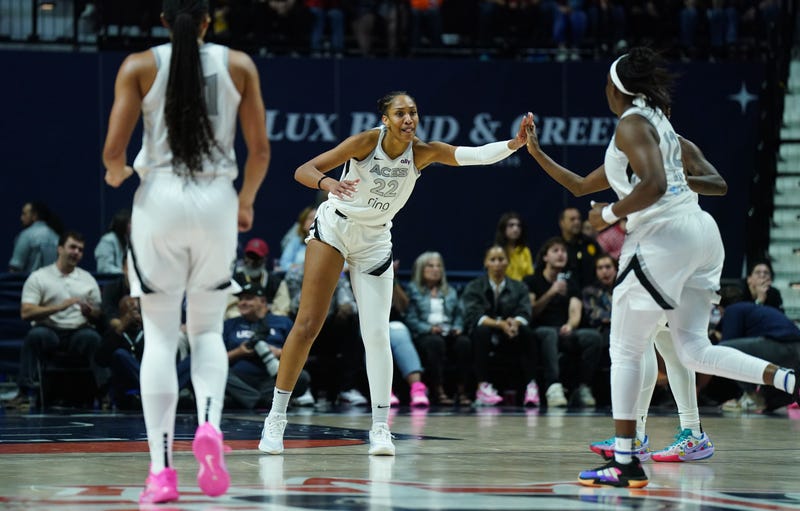 Las Vegas Aces center A'ja Wilson (22) reacts after a play against the Connecticut Sun in the first half at Mohegan Sun Arena.