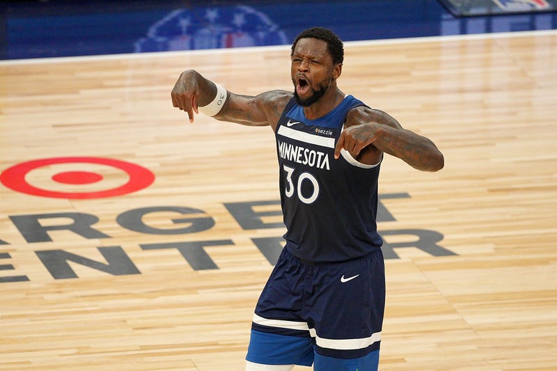 Timberwolves forward Julius Randle (30) reacts against the Oklahoma City Thunder during the second half in game three of the western conference finals for the 2025 NBA Playoffs at Target Center.