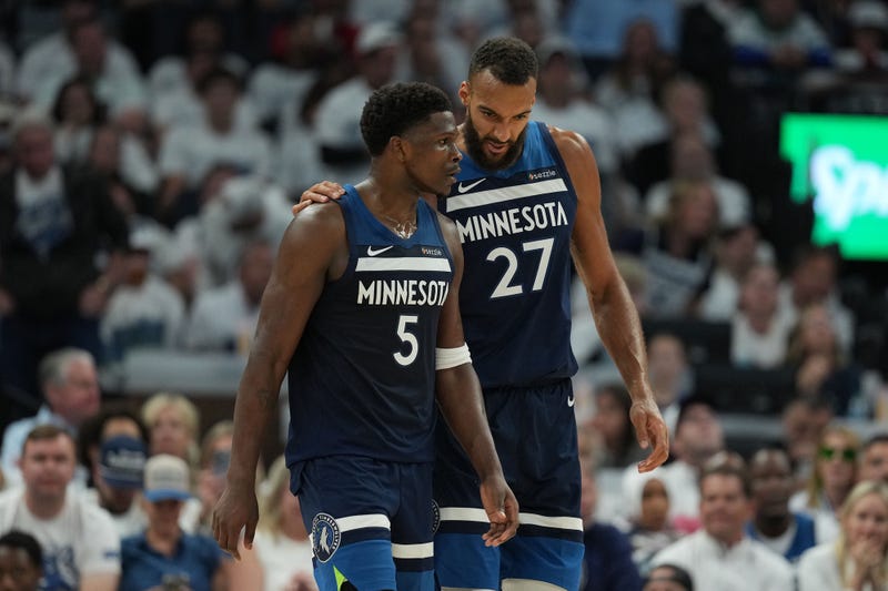 Can they build on back-to-back Western Conference Finals? That's the mission for the Minnesota Timberwolves as guard Anthony Edwards (5) and center Rudy Gobert (27) talk during a game in last year's finals against the Oklahoma City Thunder.