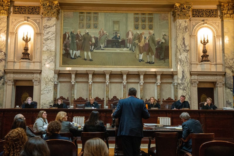 Matthew Thome, representing Sheboygan County, stands before the state Supreme Court during oral arguments about an 1849 law outlawing abortion Monday, Nov. 10, 2024, at the Capitol in Madison, Wisconsin.
