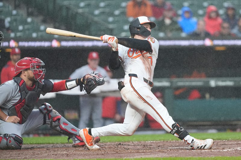 Baltimore Orioles second baseman Jackson Holliday (7) hits an RBI double against the St. Louis Cardinals during the second inning at Oriole Park at Camden Yards.
