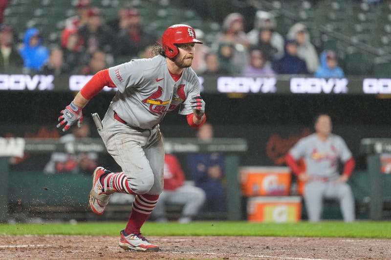 St. Louis Cardinals second baseman Brendan Donovan (33) watches his two run home run against the Baltimore Orioles during the fifth inning at Oriole Park at Camden Yards. 