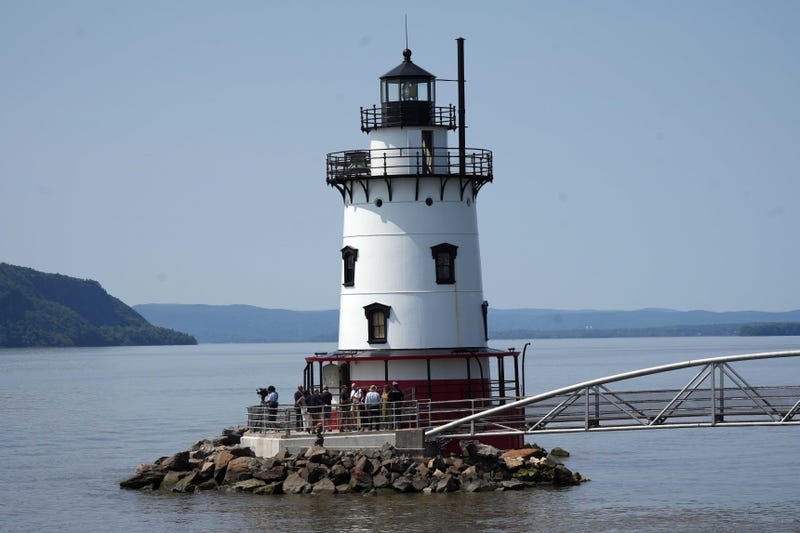 Officials and members of the media visit the Tarrytown Lighthouse, a few days after an arson and vandalism spree caused significant damage, June 3, 2025 in Sleepy Hollow.