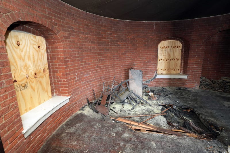 Damage inside the Tarrytown Lighthouse, a few days after an arson and vandalism spree, June 3, 2025 in Sleepy Hollow.