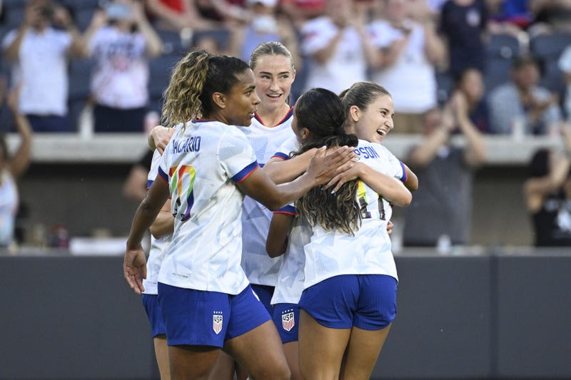 United States forward Ally Sentnor (9) is congratulated after scoring against Jamaica in the first half at Energizer Park.