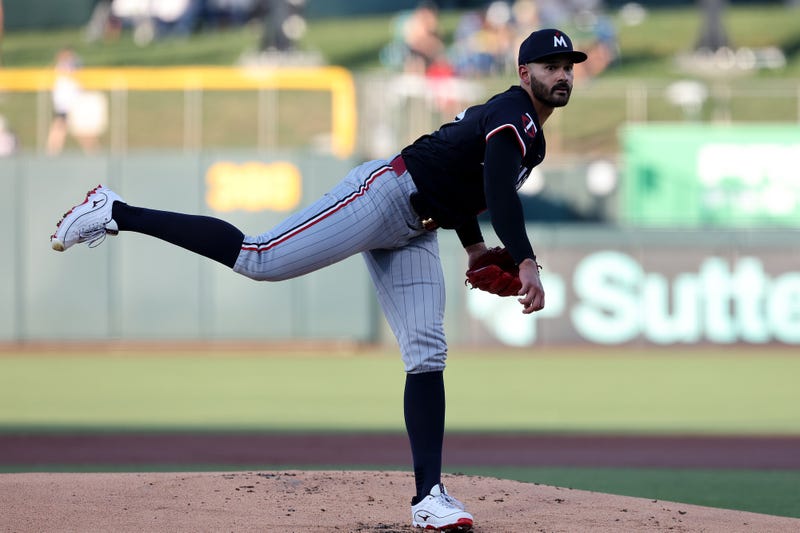 Minnesota Twins starting pitcher Pablo Lopez (49) throws a pitch against the Athletics during the first inning at Sutter Health Park. 