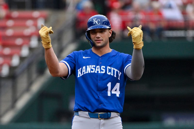 Kansas City Royals right fielder Jac Caglianone (14) reacts after hitting a one run double against the St. Louis Cardinals for his first Major League hit during the fourth inning at Busch Stadium.