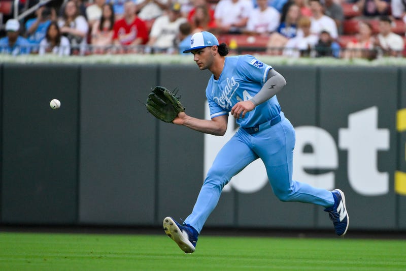 Kansas City Royals right fielder Jac Caglianone (14) fields a ground ball against the St. Louis Cardinals during the first inning at Busch Stadium.