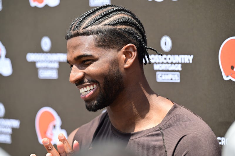 Jun 10, 2025; Berea, OH, USA; Cleveland Browns quarterback Shedeur Sanders (12) talk to the media during minicamp at CrossCountry Mortgage Campus.