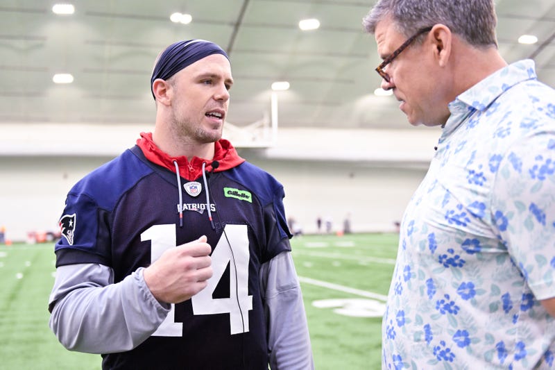 New England Patriots linebacker Robert Spillane (14) speaks to the media after minicamp held in the WIN Field House at Gillette Stadium.