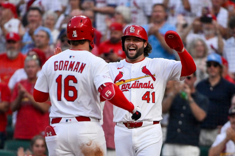 St. Louis Cardinals second baseman Nolan Gorman (16) is congratulated by right fielder Alec Burleson (41) after hitting a three run home run against the Toronto Blue Jays during the fourth inning at Busch Stadium.