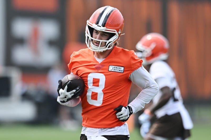 Jun 12, 2025; Berea, OH, USA; Cleveland Browns quarterback Kenny Pickett (8) during mini camp at CrossCountry Mortgage Campus.
