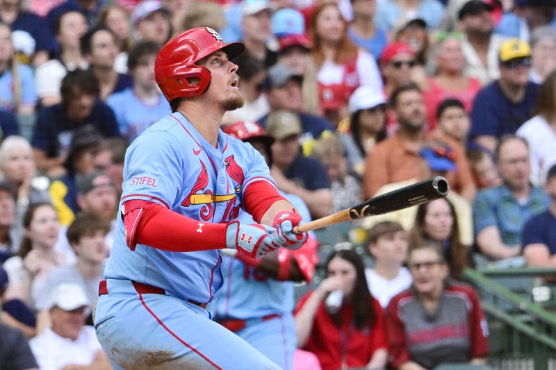 St. Louis Cardinals second baseman Nolan Gorman (16) hits a 3-run home run against the Milwaukee Brewers in the fifth inning at American Family Field.