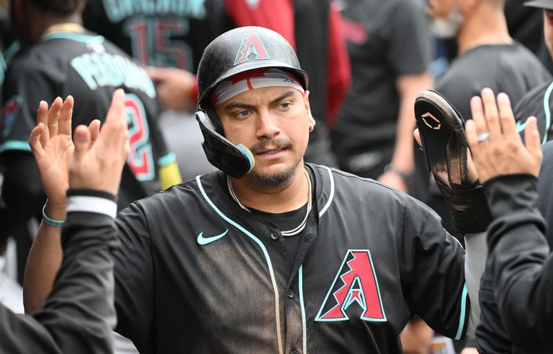 Jun 19, 2025; Toronto, Ontario, CAN; Arizona Diamondbacks designated hitter Josh Naylor celebrates with team mates in the dugout after scoring a run against the Toronto Blue Jays in the sixth inning at Rogers Centre.