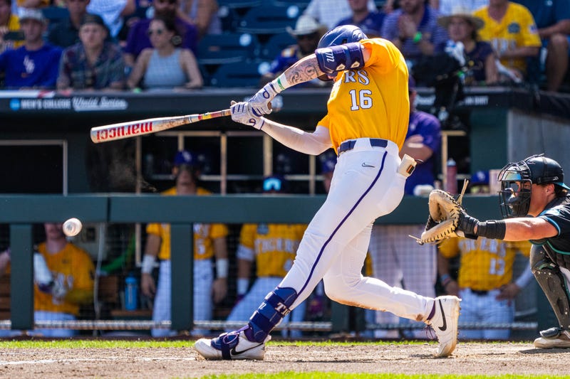 LSU Tigers designated hitter Ethan Frey (16) hits a single