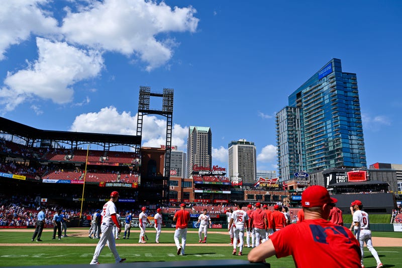 St. Louis Cardinals and Chicago Cubs benches clear after first baseman Willson Contreras (40) and relief pitcher Daniel Palencia (48) exchanged words after the Cubs defeated the Cardinals at Busch Stadium.