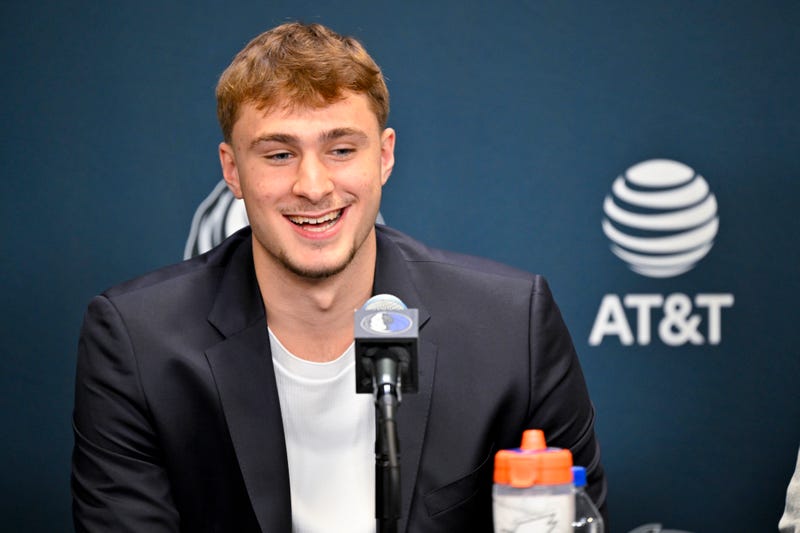 Dallas Mavericks first overall pick Cooper Flagg speaks to the media during a press conference at the Dallas Mavericks' practice facility.