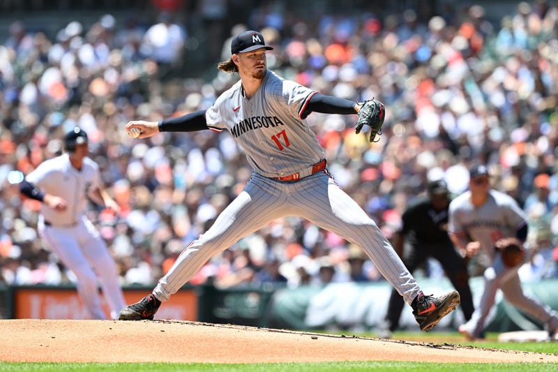 Twins starting pitcher Bailey Ober (17) throws a pitch against the Detroit Tigers in the first inning at Comerica Park.