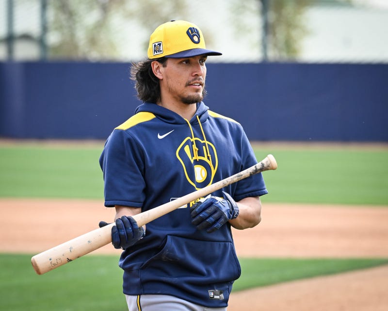 Milwaukee Brewers infielder Anthony Seigler played with a bat during spring training workouts Monday, February 17, 2025, at American Family Fields of Phoenix in Phoenix, Arizona.