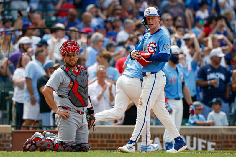 Chicago Cubs center fielder Pete Crow-Armstrong (4) scores against the St. Louis Cardinals during the eight inning at Wrigley Field.