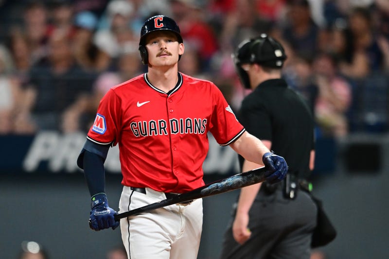 ul 5, 2025; Cleveland, Ohio, USA; Cleveland Guardians first baseman Kyle Manzardo (9) reacts after striking out to end the game against the Detroit Tigers at Progressive Field. Credit: Ken Blaze-Imagn Images