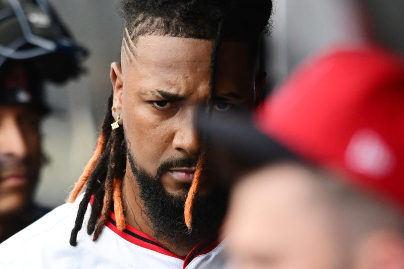 Jul 6, 2025; Cleveland, Ohio, USA; Cleveland Guardians relief pitcher Emmanuel Clase (48) reacts in the dugout after blowing a save during the ninth inning against the Detroit Tigers at Progressive Field. Mandatory Credit: Ken Blaze-Imagn Images