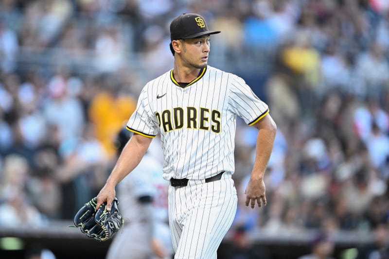 Jul 7, 2025; San Diego, California, USA; San Diego Padres starting pitcher Yu Darvish (11) walks off the field during the second inning against the Arizona Diamondbacks at Petco Park
