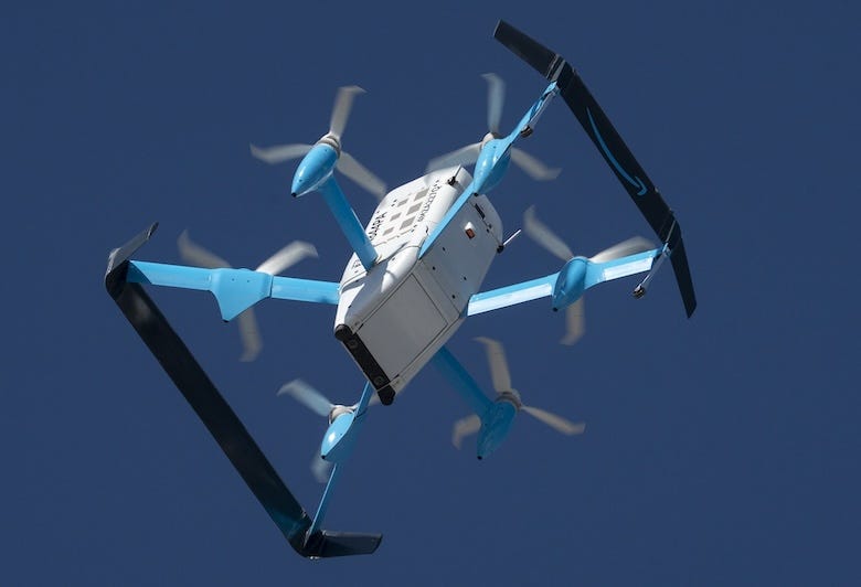 Amazon drone takes off for package delivery