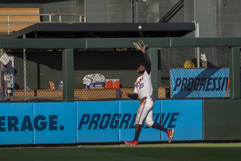 Twins center fielder Byron Buxton (25) catches a fly ball against the Chicago Cubs in the second inning at Target Field. He later left the game with a hand contusion but it appears the injury isn't serious.