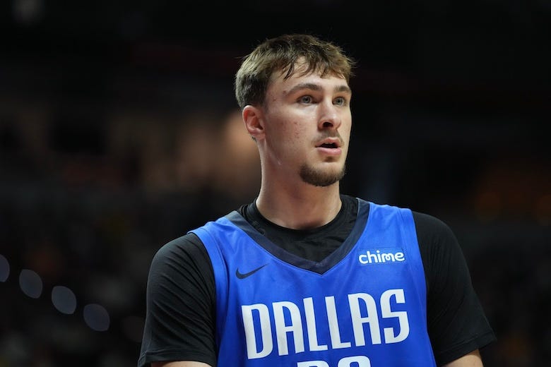 Dallas Mavericks forward Cooper Flagg (32) looks on against the San Antonio Spurs in the second quarter of their game at Thomas & Mack Center