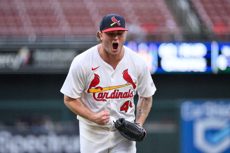 St. Louis Cardinals relief pitcher Gordon Graceffo (44) reacts after getting the final out of the sixth inning against the Atlanta Braves at Busch Stadium.