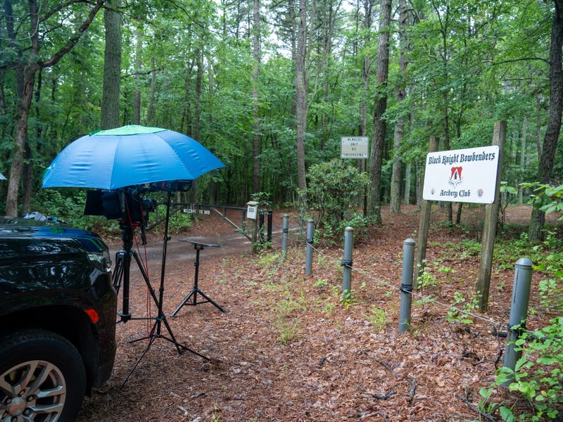 Caption: News crews from New Jersey, Pennsylvania and New York capture live shots on the scene where a 61-year-old man died and 13 other people, including children, were injured after a lightning strike on Wednesday night at Black Knight Bowbenders archery range on Perrineville Road in Jackson, NJ Thursday, July 17, 2025