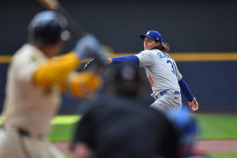 Jul 9, 2025; Milwaukee, Wisconsin, USA; Los Angeles Dodgers starting pitcher Tyler Glasnow (31) pitches during the first inning against the Milwaukee Brewers at American Family Field. Mandatory Credit: Patrick Gorski-Imagn Images