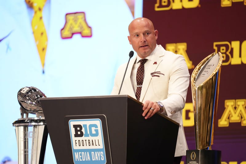 Minnesota head coach P.J. Fleck speaks to the media during the Big Ten NCAA college football media days at Mandalay Bay Resort.