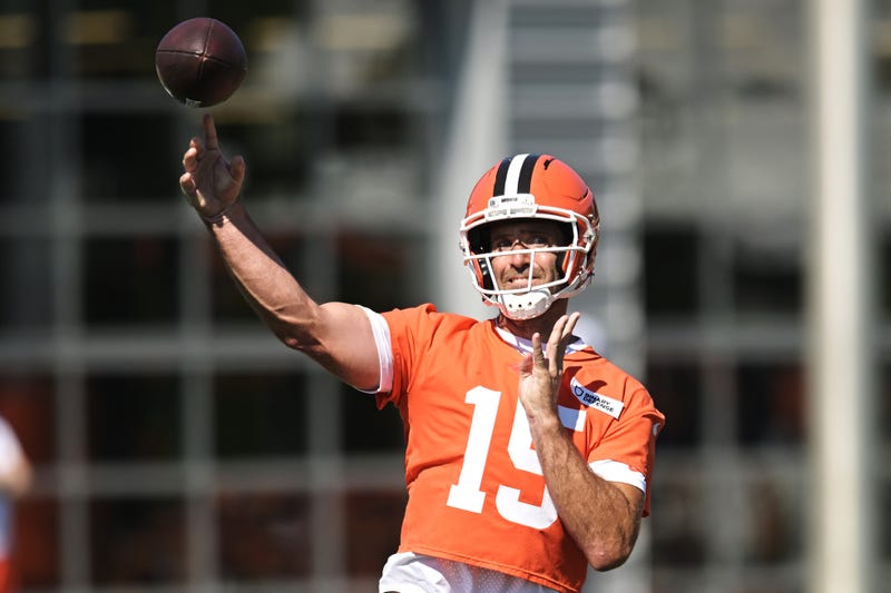 Jul 23, 2025; Berea, OH, USA; Cleveland Browns quarterback Joe Flacco (15) throws a pass during training camp at CrossCountry Mortgage Campus.