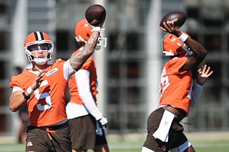 Jul 23, 2025; Berea, OH, USA; Cleveland Browns quarterback Dillon Gabriel (5) and quarterback Shedeur Sanders (12) throw passes during training camp at CrossCountry Mortgage Campus. 