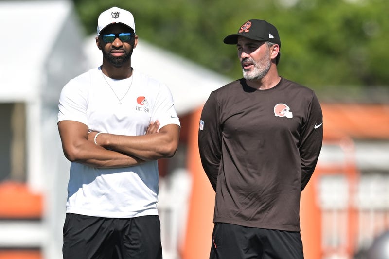Jul 23, 2025; Berea, OH, USA; Cleveland Browns head coach Kevin Stefanski, right, and executive vice president, football operations & general manager Andrew Berry watch the team during training camp at CrossCountry Mortgage Campus
