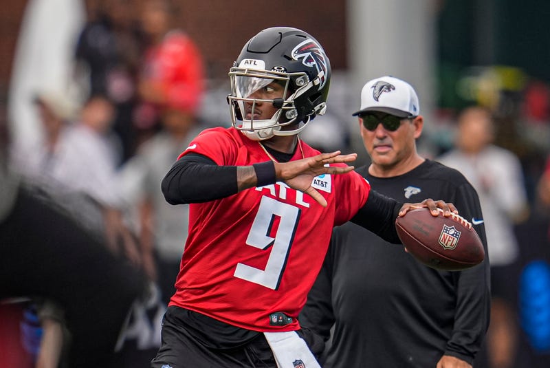 Atlanta Falcons quarterback Michael Penix Jr. (9) passes during training camp at IBM Performance Field.