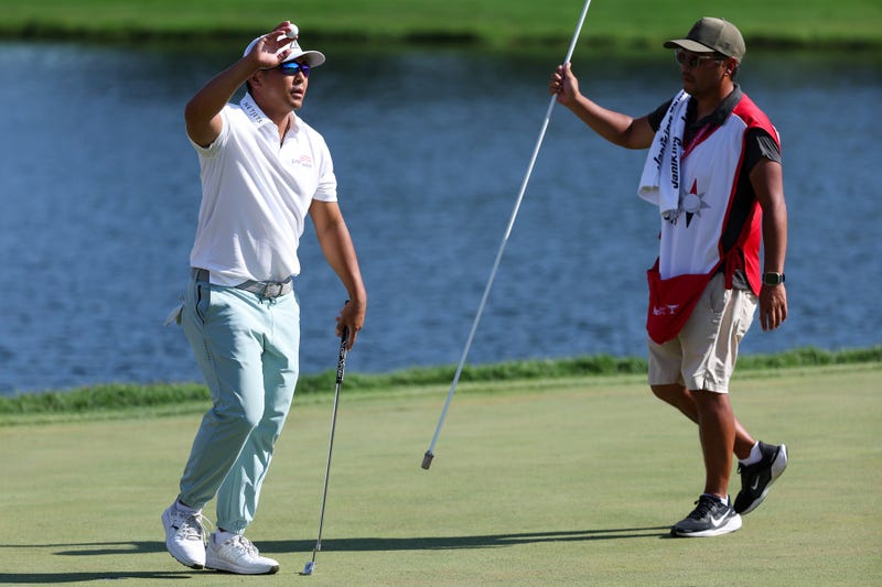 Kurt Kitayama celebrates after winning the 3M Open golf tournament at TPC Twin Cities in Blaine, Minnesota on Sunday, July 27, 2025.