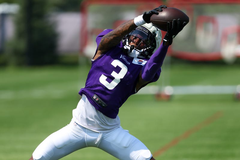 Minnesota Vikings wide receiver Jordan Addison (3) takes part in drills during the teams training camp at the Minnesota Vikings Training Facility. 