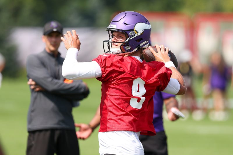 Minnesota Vikings quarterback J.J. McCarthy (9) takes part in drills during the teams training camp at the Minnesota Vikings Training Facility.