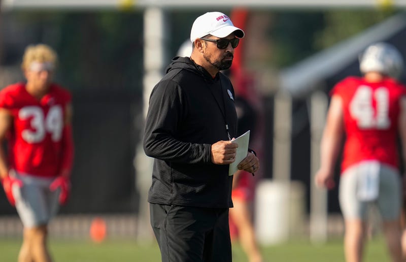 Ohio State Buckeyes head coach Ryan Day leads football training camp at the Woody Hayes Athletic Center on Aug. 1, 2025.