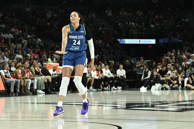 Minnesota Lynx forward Napheesa Collier (24) gestures after scoring against the Las Vegas Aces during the first quarter of their game at Michelob Ultra Arena. Despite the MVP-candidate's injury, the Lynx have kept it rolling.