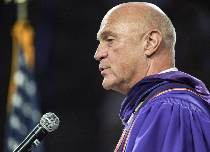 President Jim Clements speaks at the end of the Clemson University August graduation in Littlejohn Coliseum in Clemson Friday, August 8, 2025.